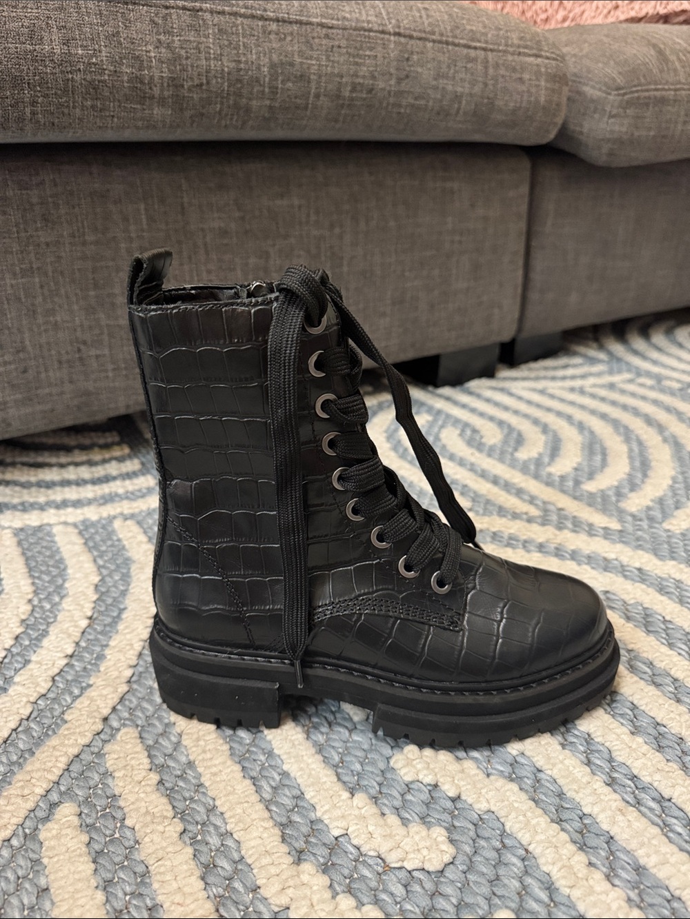 Kurt Geiger Black Croc Embossed Leather Combat Boots EU 36 - Picture 2 of 8